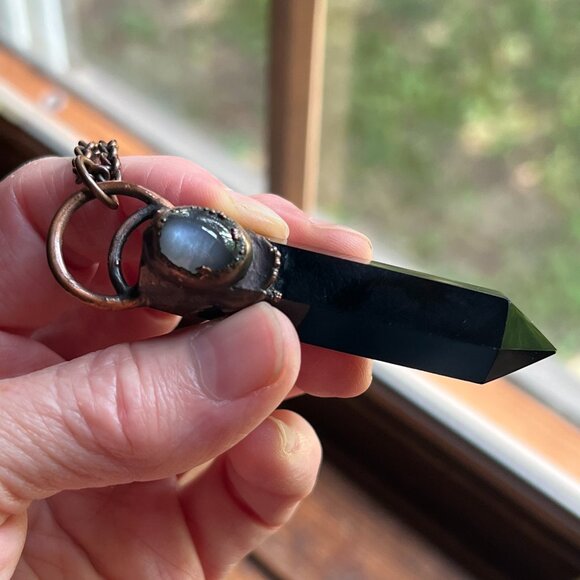 Black Obsidian & Gray Moonstone Pendant Necklace by Query Eve - Picture 6 of 6